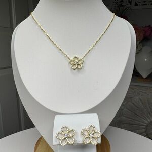 18K Gold & Sterling Silver Flower Necklace and Earring Set